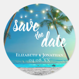 Palmen mit tropischen Strandnähten Save the Date Runder Aufkleber