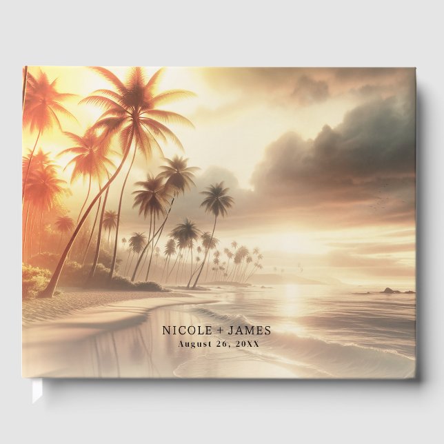 Palmen & Orange Sunset Beach Hochzeit Gästebuch (Vorderseite)