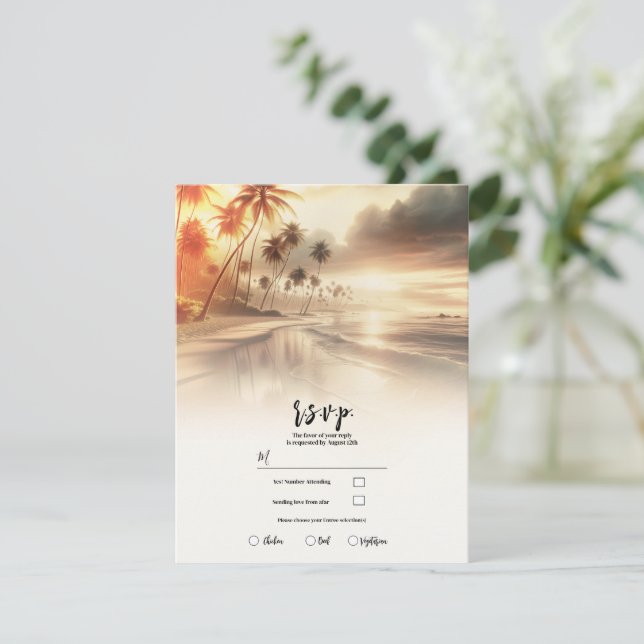 Palmen & Orange Sunset Beach Hochzeit UAWG Einladung (Stehend Vorderseite)