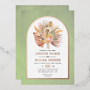 Palmen, Pampasgras Salbeigrün Hochzeit Roségold Folieneinladung