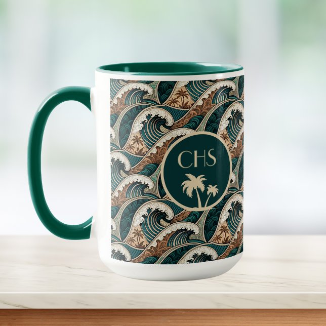 Palmen Polynesische Waves Vintag Beach Monogram Tasse (Von Creator hochgeladen)