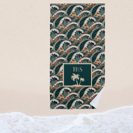Palmen Polynesische Wellen Vintage Strand Monogram Strandtuch