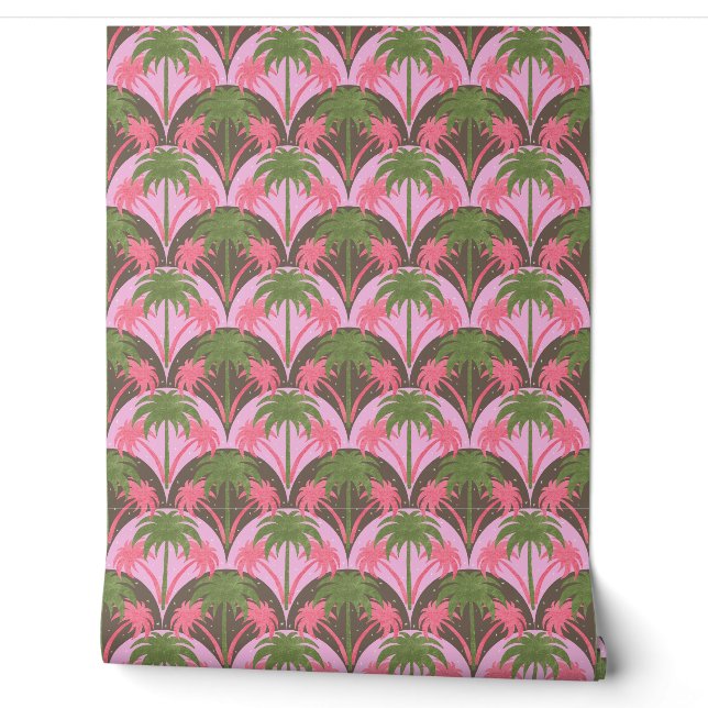 Palmen Retro Textur Rosa grünes Braun Tapete (Abrollen)
