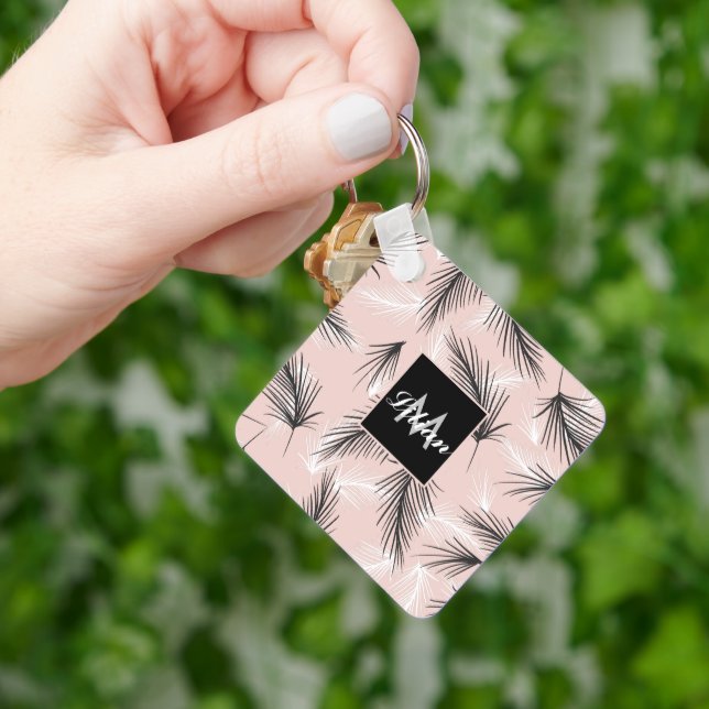 Palmen Schwarz-weiß Erdung Ton Rosa Mit Monogramm Schlüsselanhänger (Hand)