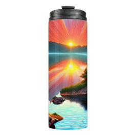 Palmen-Sonnenuntergang auf dem Strand. Thermosbecher