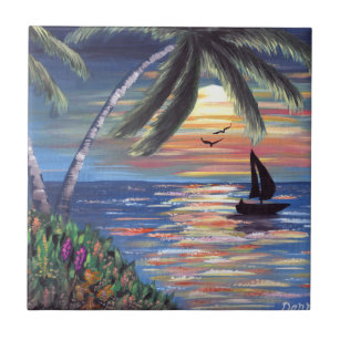 Palmen Sonnenuntergang Ozeanmalerei Fliese