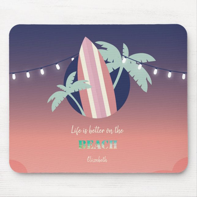Palmen, Surfbrett, Strandlichtstrand Mousepad (Vorne)