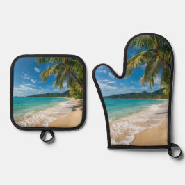 Palmen Tropischer Strand Ozean Ofenhandschuh & Topflappen-Set