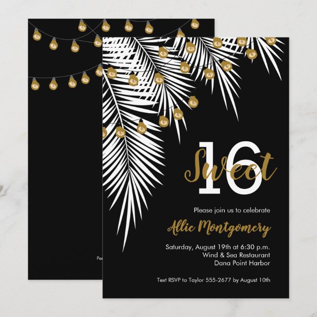 Palmen und Lichtgestelle Sweet 16 Geburtstagsparty Einladung (Vorne/Hinten)