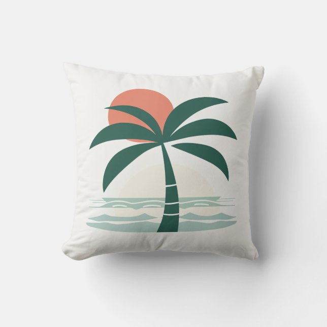 Palmen und Strandliegen mit Sonnenuntergang Kissen (Vorderseite)