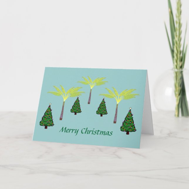 Palmen und Weihnachtsbäume Feiertagskarte (Vorderseite)