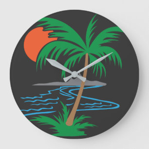 Palmenbaum am Fluss Tropische Sonnenuntergangsku Große Wanduhr