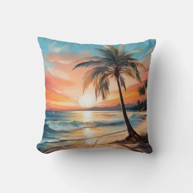 Palmenbaum am tropischen Strand bei Sonnenuntergan Kissen (Vorderseite)