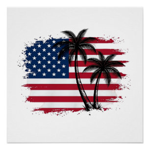 Palmenbaum Amerikanische Flagge Patriotischer Stra Poster