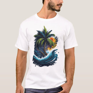 Palmenbaum im Malstil mit Meereswelle T-Shirt