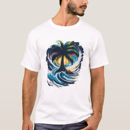 Palmenbaum im Malstil mit Meereswelle T-Shirt