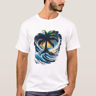 Palmenbaum im Malstil mit Meereswelle T-Shirt