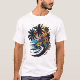 Palmenbaum im Malstil mit Meereswelle T-Shirt
