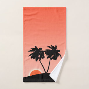Palmenbaum Silhouette gegen Sonnenuntergang Orange Badhandtuch Set