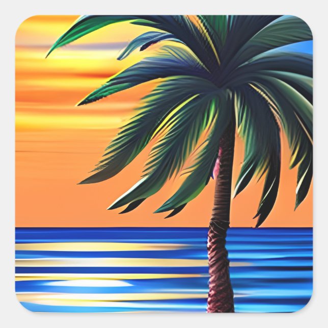 Palmenbaum Silhouette mit Sonnenuntergang Quadratischer Aufkleber (Vorderseite)