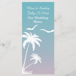 Palmenbaum tropisch blau, rosa Strand Hochzeitsmen Menükarte