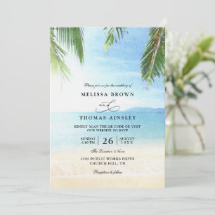 Palmenbaum Tropische Insel Strand QR-Code Hochzeit Einladung