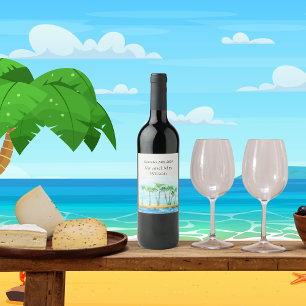 Palmenbaum und Strand Hochzeiten Wein Labels Weinetikett