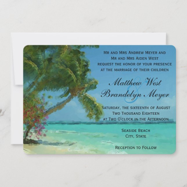 Palmenbäume Hochzeit in Urlaubsort Einladung (Vorderseite)