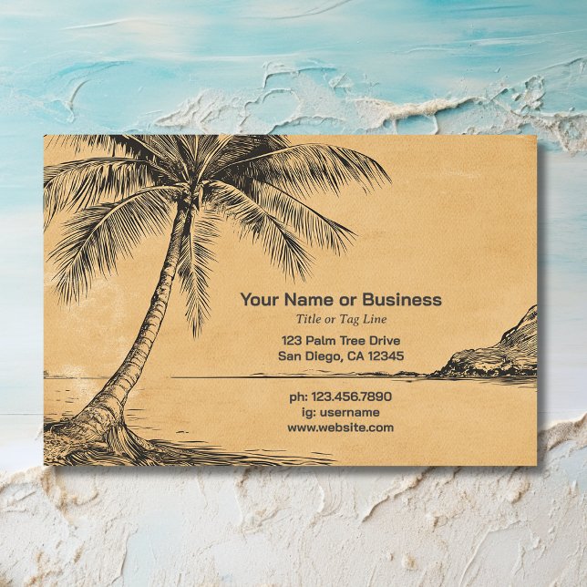 Palmenbaumen Vintage Strandskizze Visitenkarte (Front - Vintage Style Sketch Palm Trees Tropical Beach Business Card)