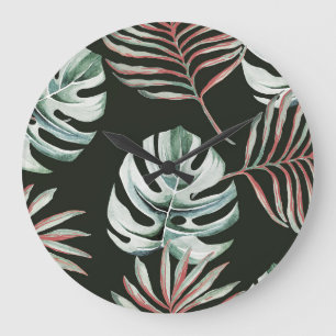Palmenblätter, Monstera: tropisches Aquarell. Große Wanduhr