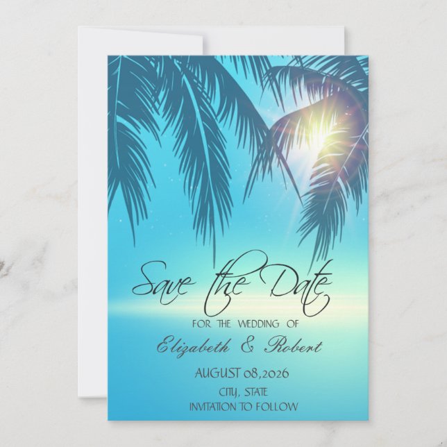 Palmenblätter Strand Blau Termin merken Save The Date (Vorderseite)