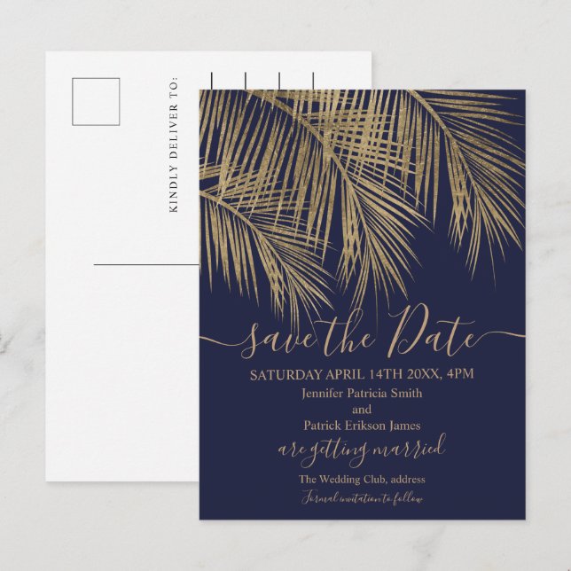Palmenblättrige Goldmedaille Save the Date Ankündigungspostkarte (Vorne/Hinten)