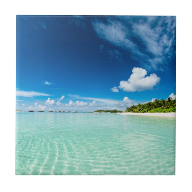 Palmenstrand Tiefblaue Himmelswasser Fliese (Vorderseite)