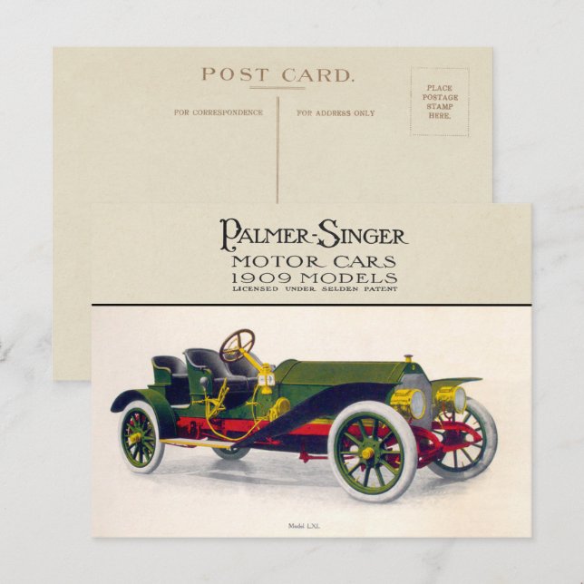 Palmer-Singer Motor Cars, 1909 Postkarte (Vorne/Hinten)