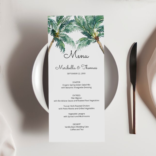 Palmes tropicales | Menu de mariage Watercolor Bea (Créateur téléchargé)