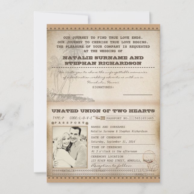 Palmes vintages mariage passeport invitations (Devant)