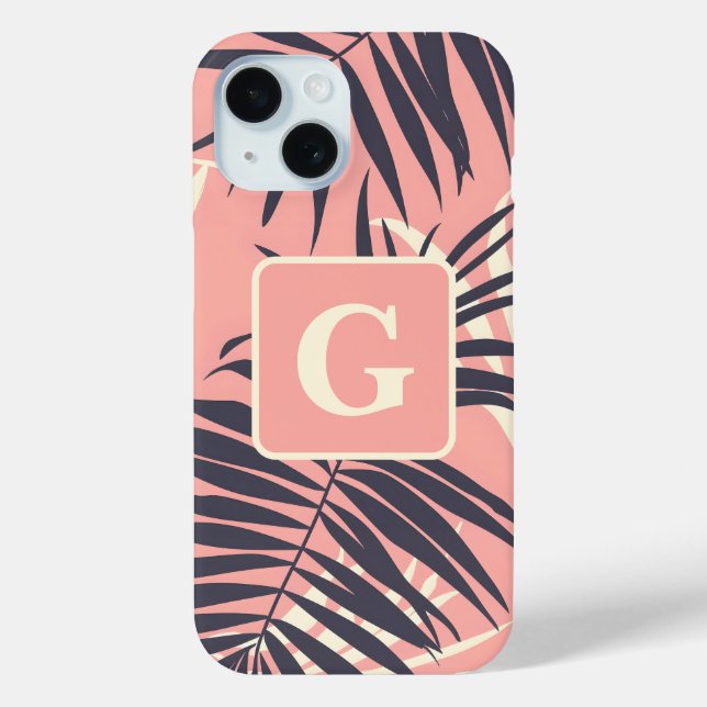 palmfarbene Blätter hellrosa personalisierte Monog Case-Mate iPhone Hülle (Rückseite)