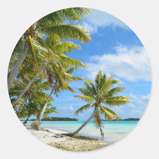 Palmier sable blanc plage ronde autocollant (Devant)