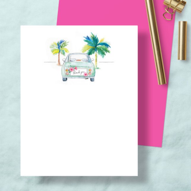 Palmier Tropical et Merci d'aquarelle de voiture (Thank you notecard watercolor tropical palm tree and car art by Victoria Grigaliunas Do Tell A Belle)