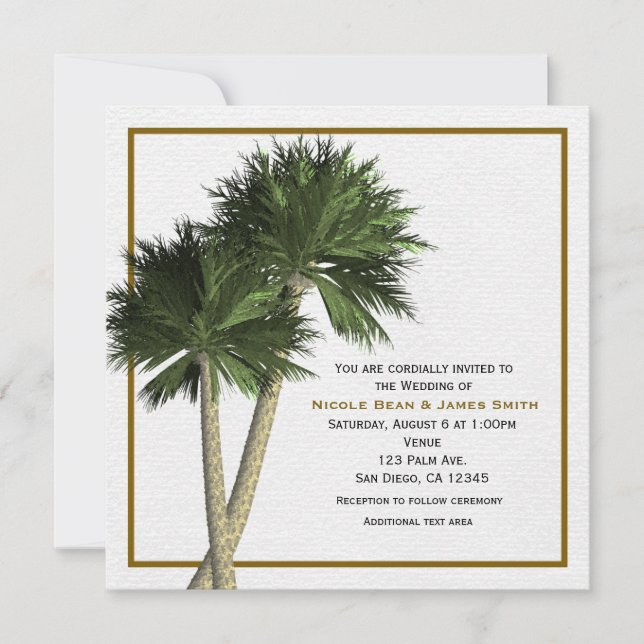 Palmiers Blanc & Or Elégant Mariage Invitation (Devant)