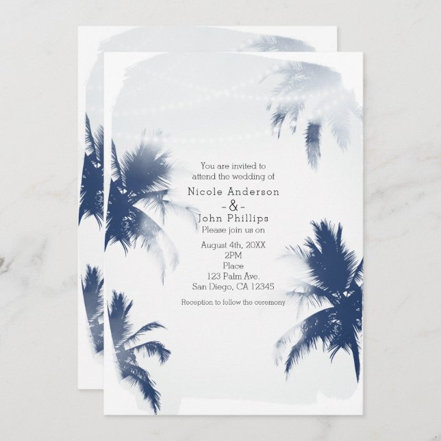 Palmiers Blancs Plage Chic Mariage Invitations (Devant / Derrière)