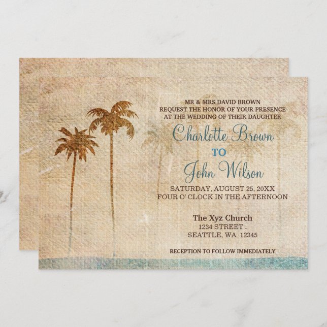 Palmiers Rustiques Plage Mariage Invitations (Devant / Derrière)