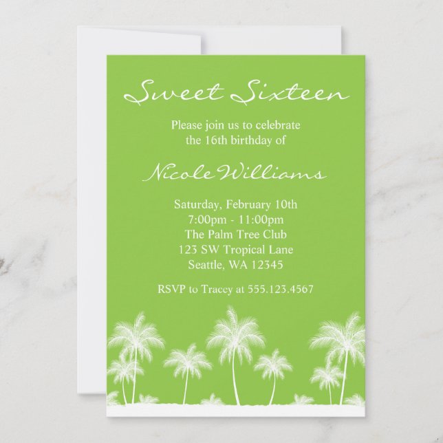 Palmiers tropicaux Green Sweet 16 Invitation (Devant)