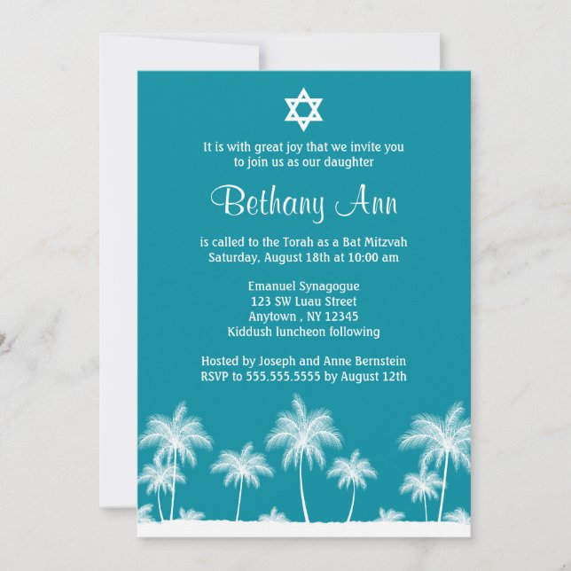 Palmiers tropicaux Invitations Bat mitzvah Turquoi (Devant)