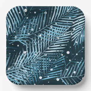 Palmwedel auf Blau mit weißen Tupfen. Pappteller
