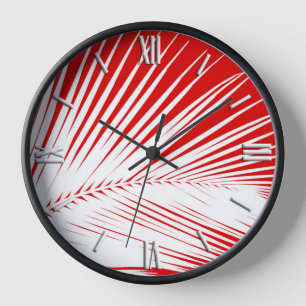 Palmwedel - weiß und dunkles Korallenrot Wanduhr