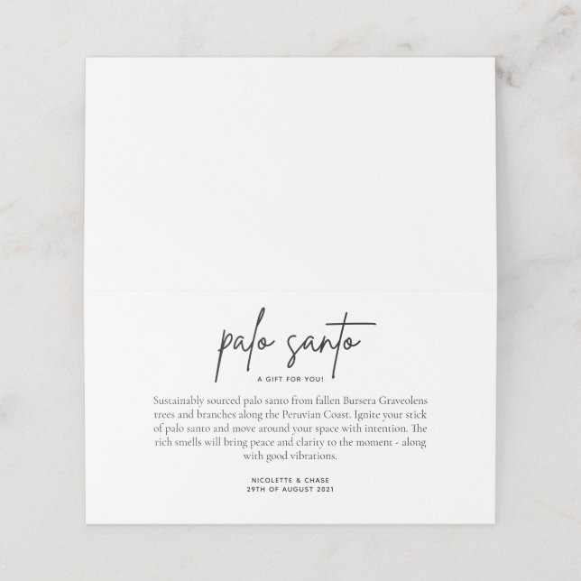 Palo Santo Gastgeschenk Hochzeit Platzkarte (Außenseite Aufgefaltet)