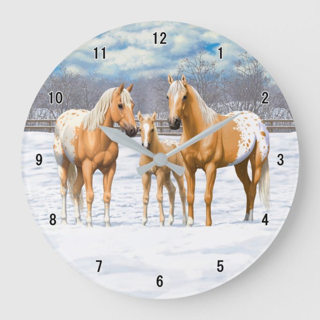 Palomino Appaloosa Horses In Snow Große Wanduhr (Vorderseite)