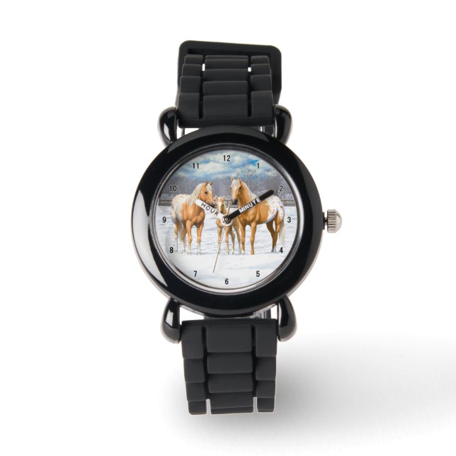 Palomino Appaloosa Pferde im Schnee Armbanduhr (Vorderseite)