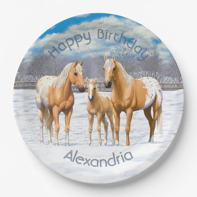 Palomino Appaloosa Pferde im Schnee Pappteller (Vorderseite)